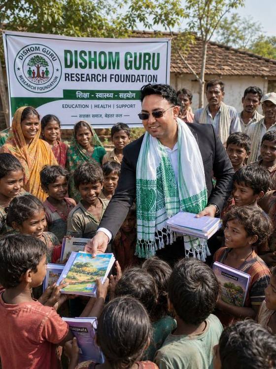 Notebooks and study material handed out to children at a village education drive, under the Foundation's banner.