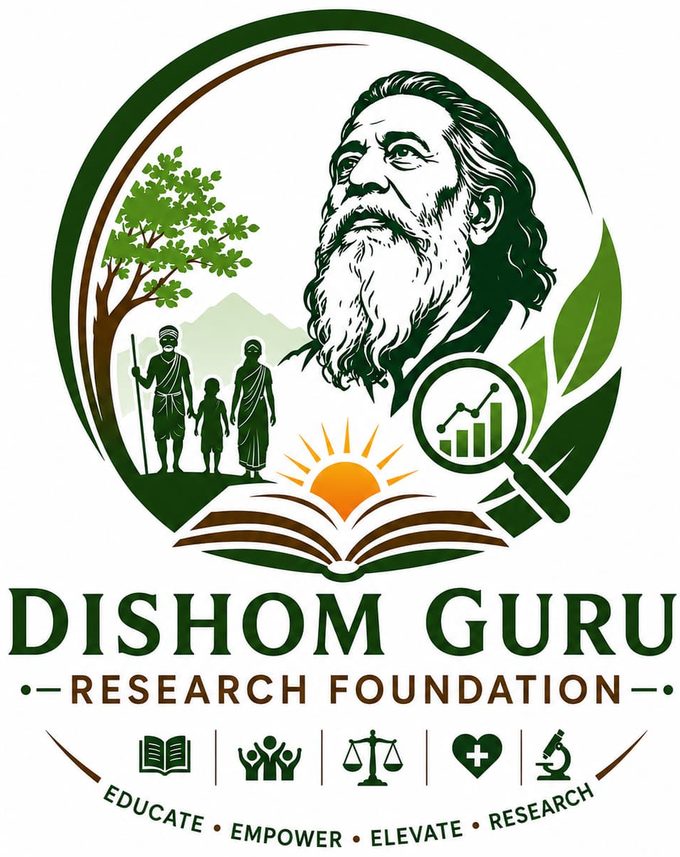 Dishom Guru Research Foundation emblem: a guru's portrait beside a sal tree and a tribal family, above an open book with a rising sun and a magnifying glass over a growth chart.
